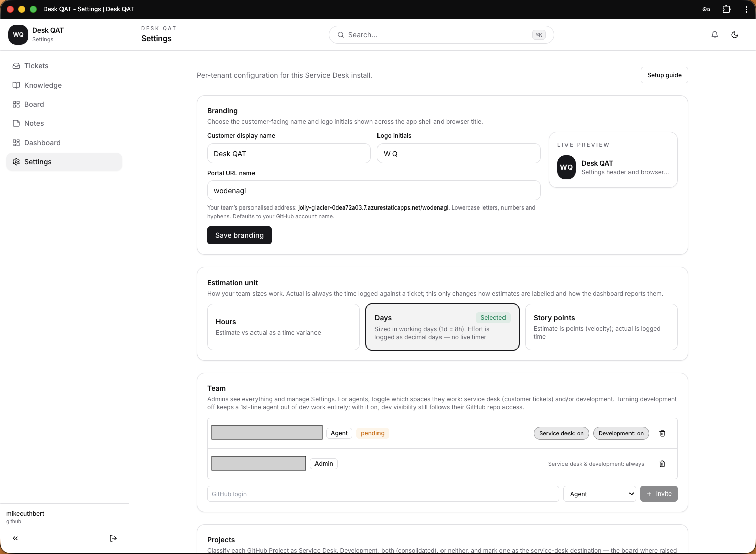 Service Desk settings with custom branding live preview, estimation unit and team roles